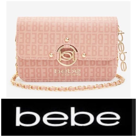 BEBE - NWT - "Kira Logo" Crossbody/Clutch in "Dusty Rose"/Textured Faux Leather - Picture 1 of 16